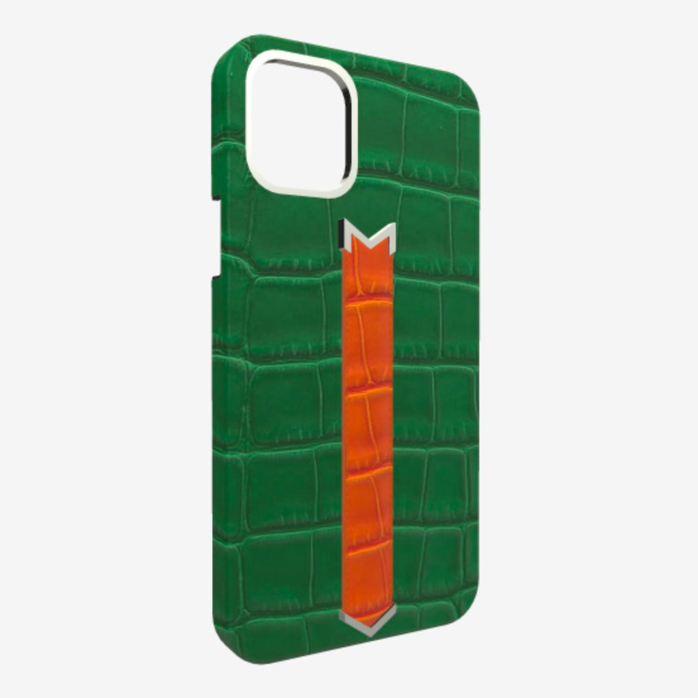 Silver Finger Strap Case for iPhone 13 in Genuine Alligator 