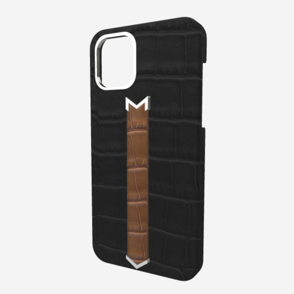 Silver Finger Strap Case for iPhone 13 in Genuine Alligator Bond Black Belmondo Brown 