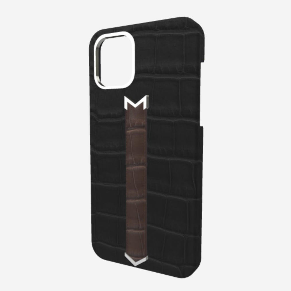 Silver Finger Strap Case for iPhone 13 in Genuine Alligator Bond Black Borsalino Brown 