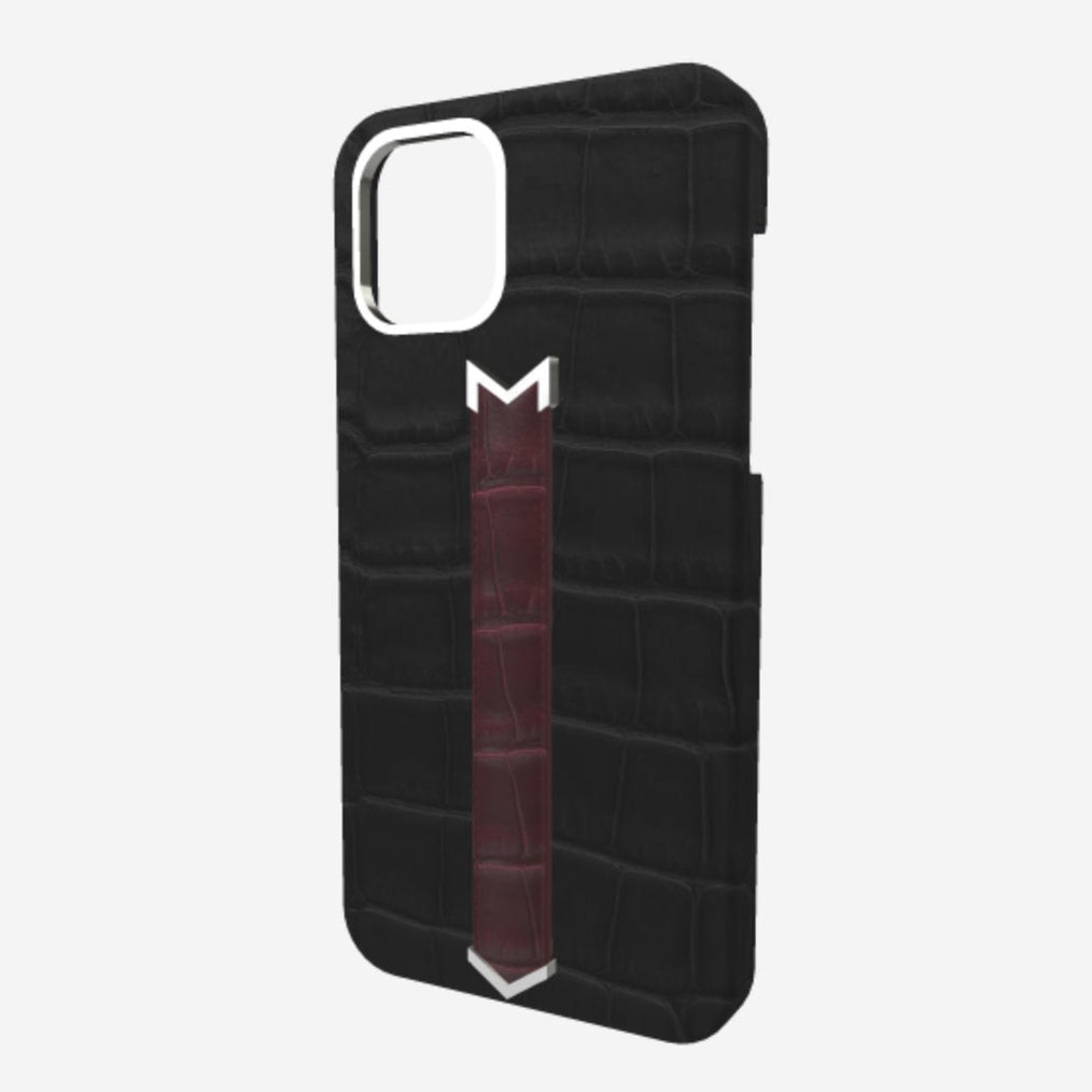 Silver Finger Strap Case for iPhone 13 in Genuine Alligator Bond Black Burgundy Palace 