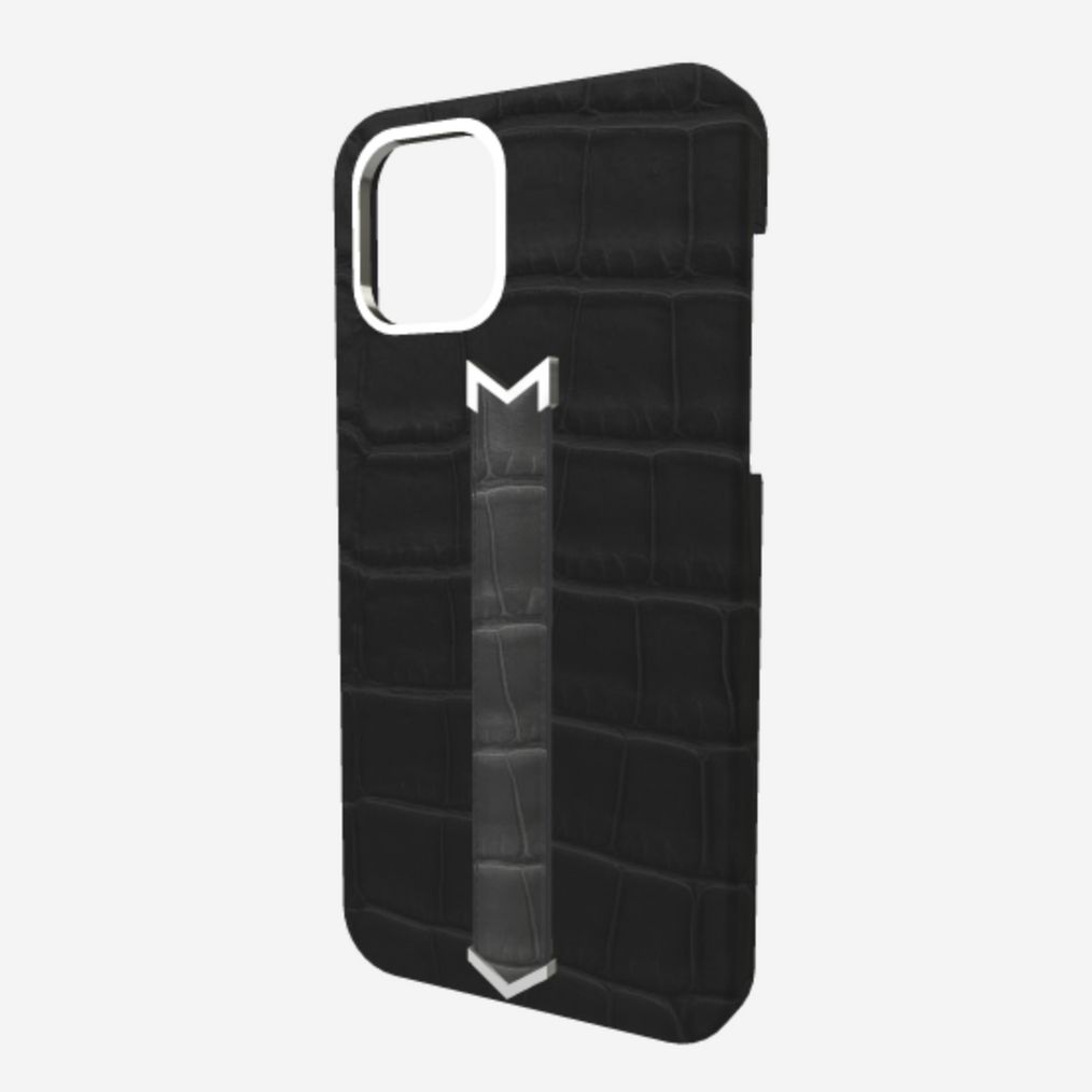 Silver Finger Strap Case for iPhone 13 in Genuine Alligator Bond Black Elite Grey 