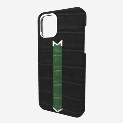 Silver Finger Strap Case for iPhone 13 in Genuine Alligator Bond Black Emerald Green 