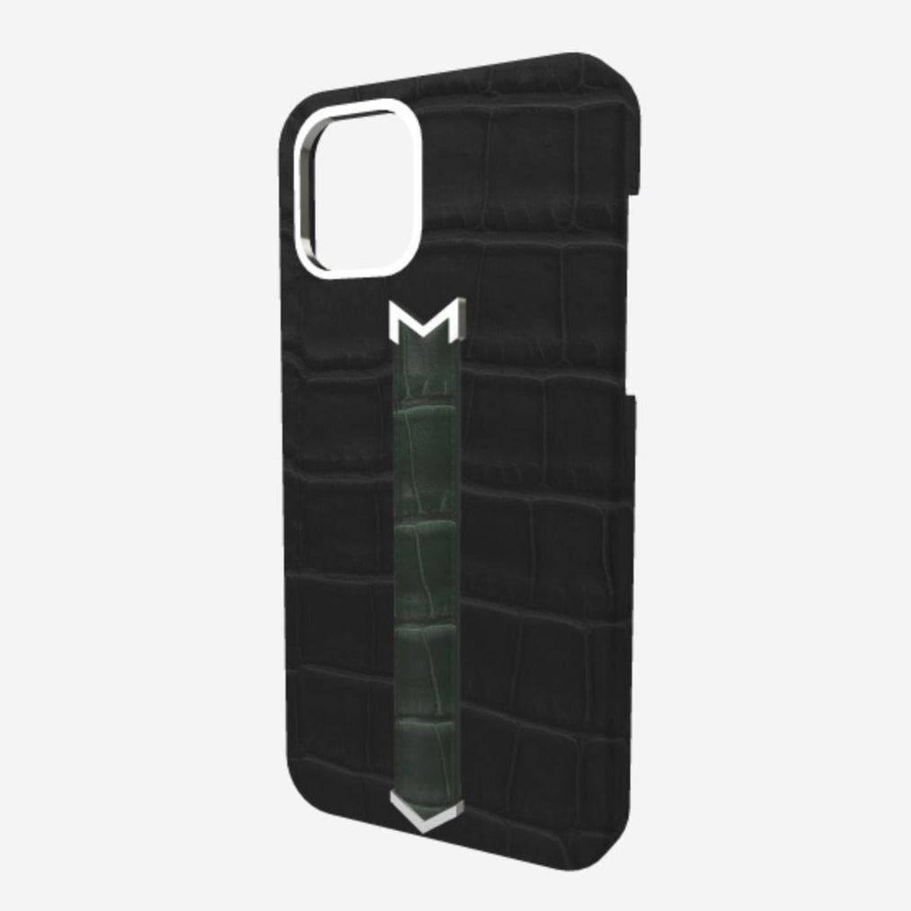 Silver Finger Strap Case for iPhone 13 in Genuine Alligator Bond Black Jungle Green 