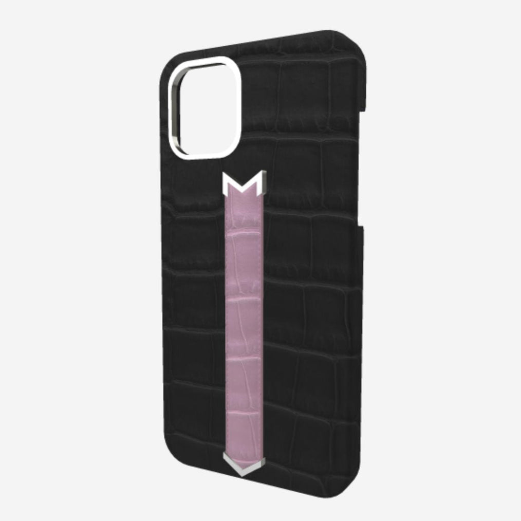 Silver Finger Strap Case for iPhone 13 in Genuine Alligator Bond Black Lavender Laugh 