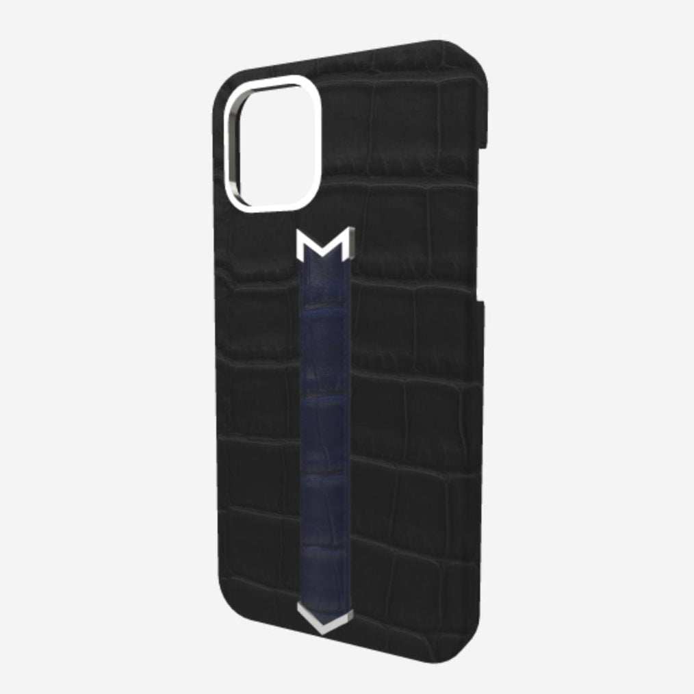 Silver Finger Strap Case for iPhone 13 in Genuine Alligator Bond Black Navy Blue 