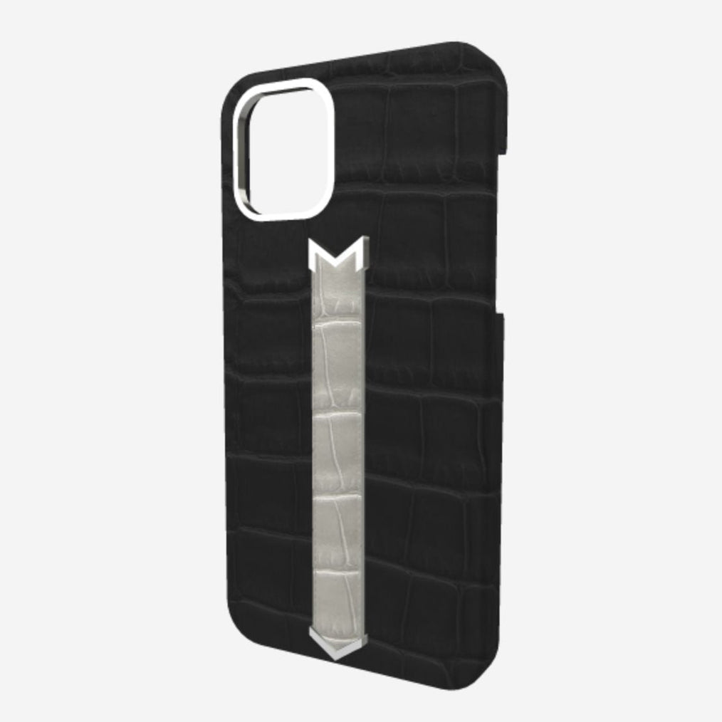Silver Finger Strap Case for iPhone 13 in Genuine Alligator Bond Black Pearl Grey 