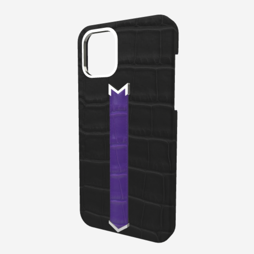 Silver Finger Strap Case for iPhone 13 in Genuine Alligator Bond Black Purple Rain 