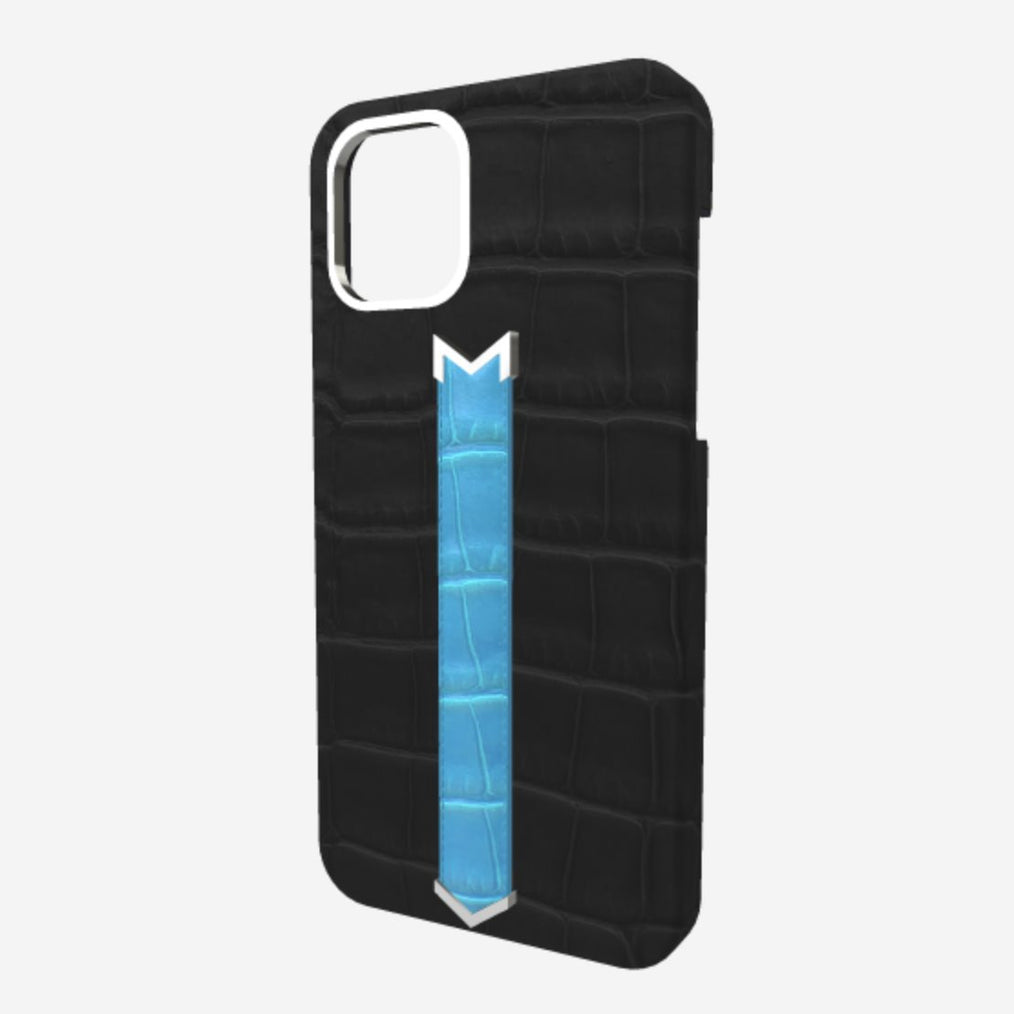 Silver Finger Strap Case for iPhone 13 in Genuine Alligator Bond Black Tropical Blue 