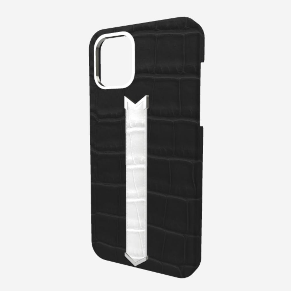 Silver Finger Strap Case for iPhone 13 in Genuine Alligator Bond Black White Angel 