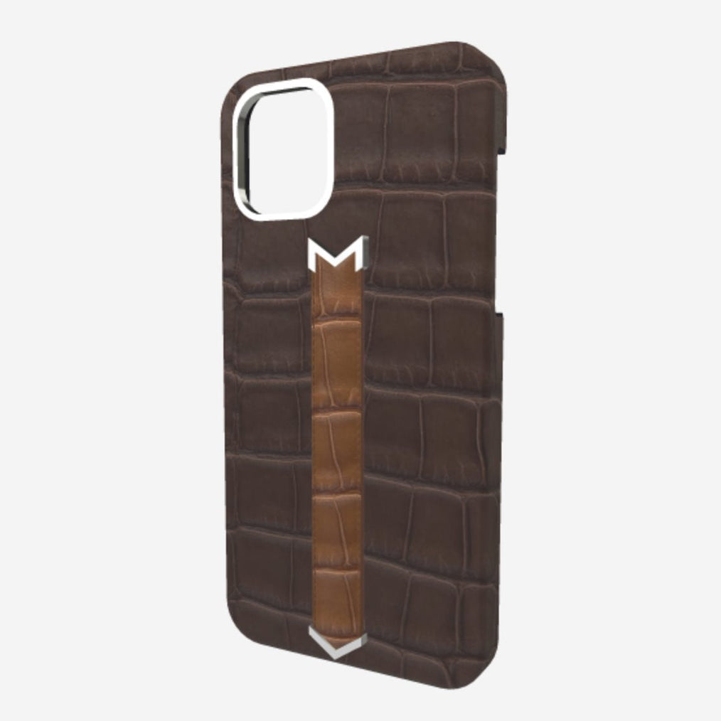 Silver Finger Strap Case for iPhone 13 in Genuine Alligator Borsalino Brown Belmondo Brown 