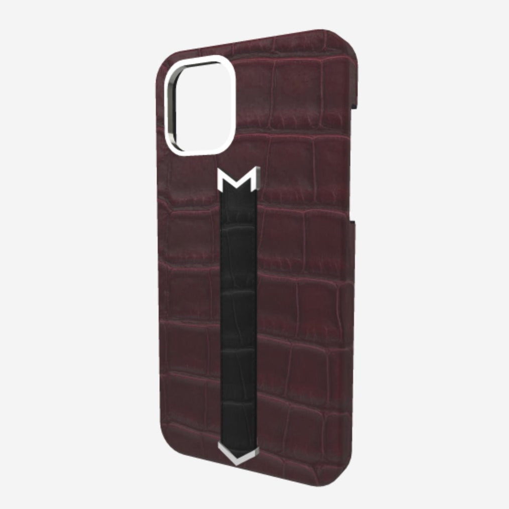 Silver Finger Strap Case for iPhone 13 in Genuine Alligator Burgundy Palace Bond Black 