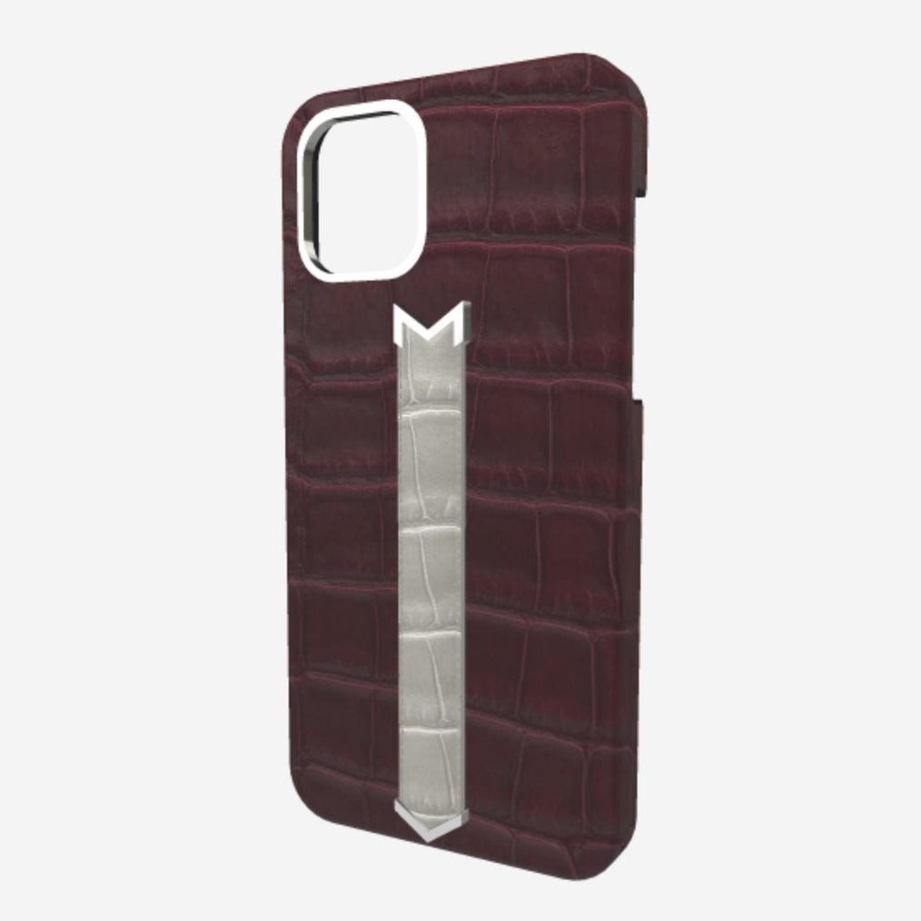 Silver Finger Strap Case for iPhone 13 in Genuine Alligator Burgundy Palace Pearl Grey 