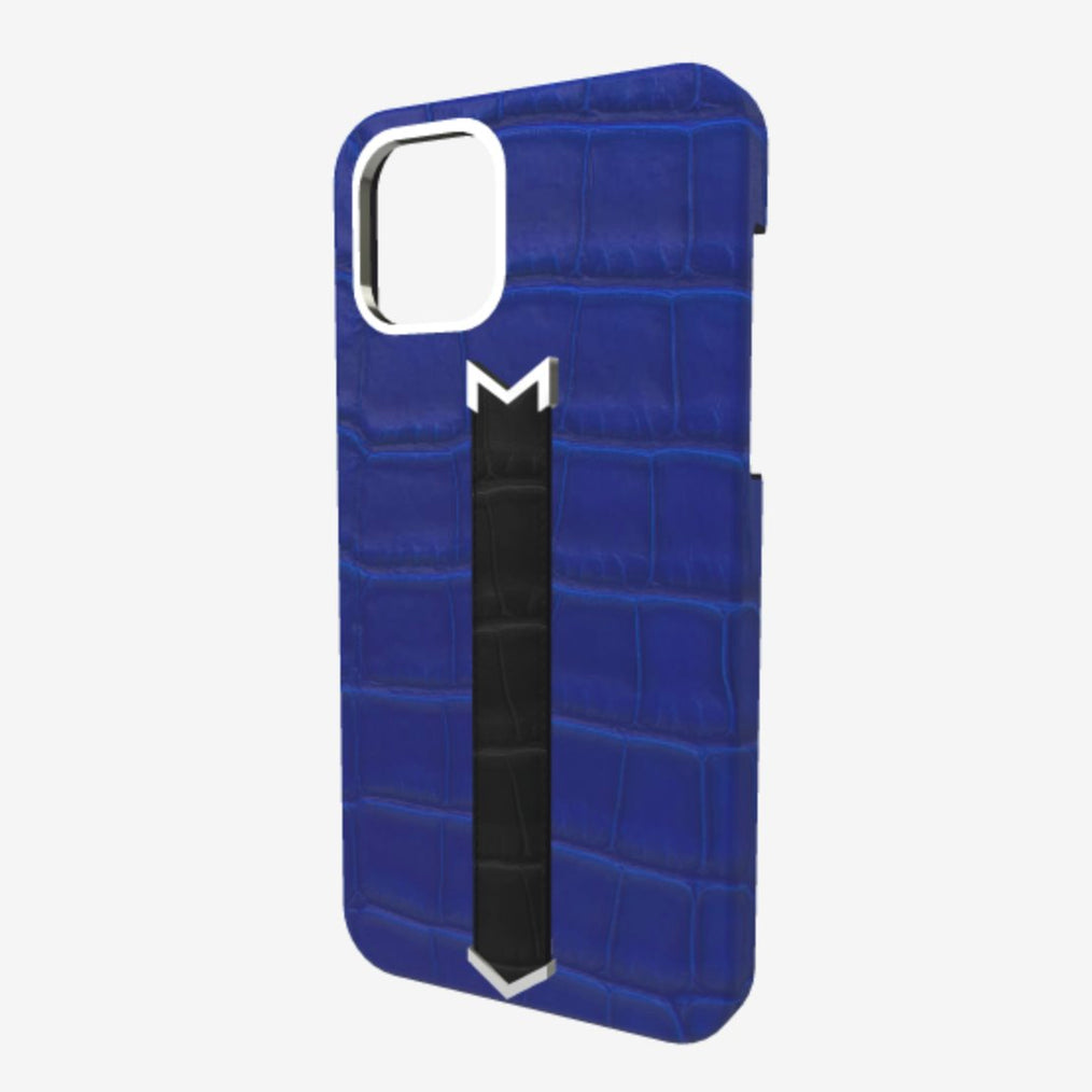 Silver Finger Strap Case for iPhone 13 in Genuine Alligator Electric Blue Bond Black 