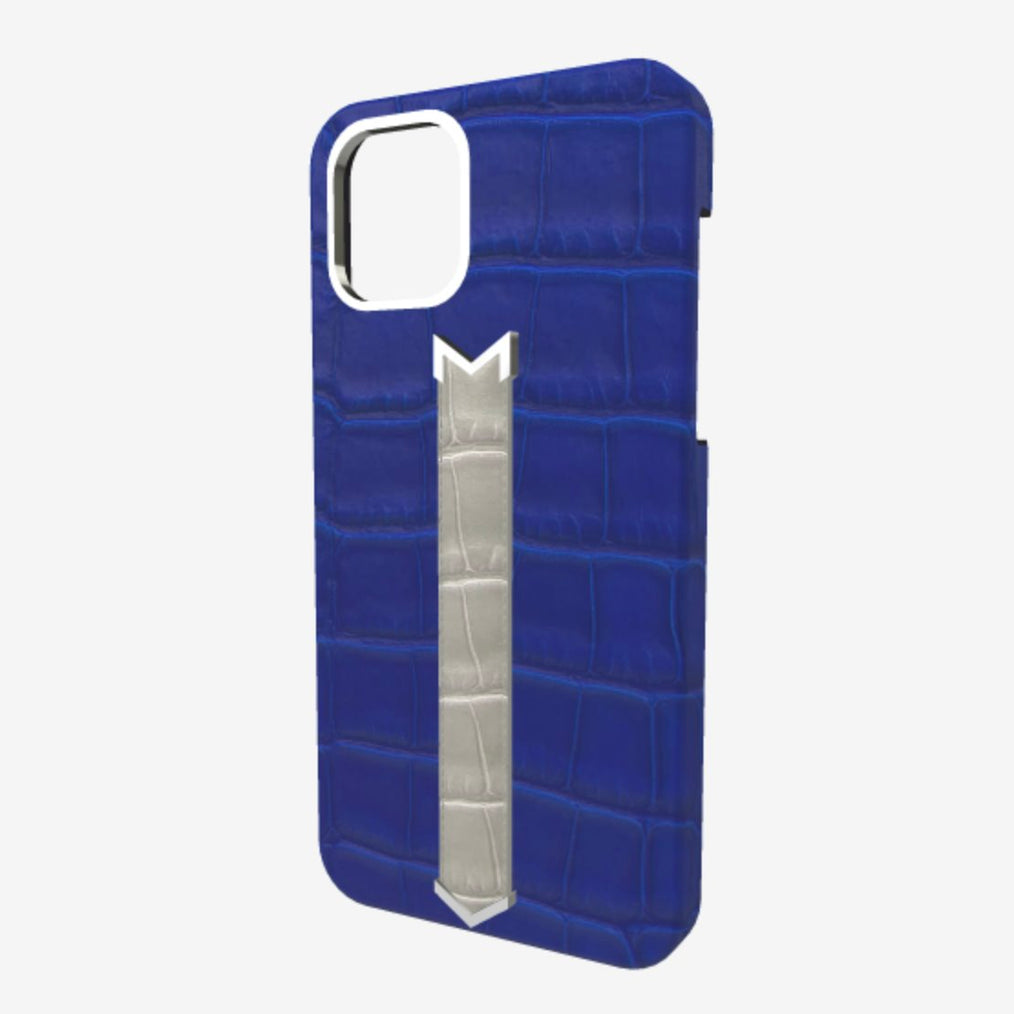 Silver Finger Strap Case for iPhone 13 in Genuine Alligator Electric Blue Pearl Grey 