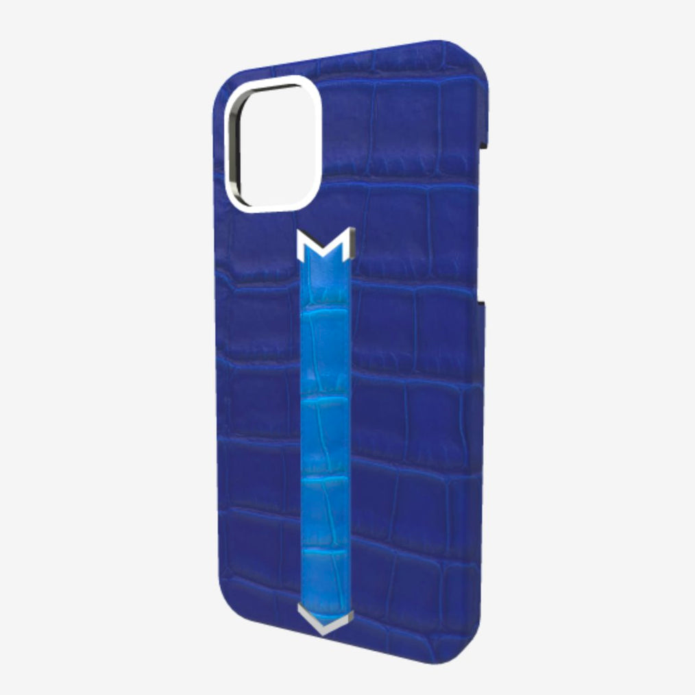 Silver Finger Strap Case for iPhone 13 in Genuine Alligator Electric Blue Royal Blue 