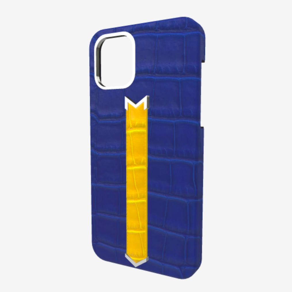 Silver Finger Strap Case for iPhone 13 in Genuine Alligator Electric Blue Summer Yellow 
