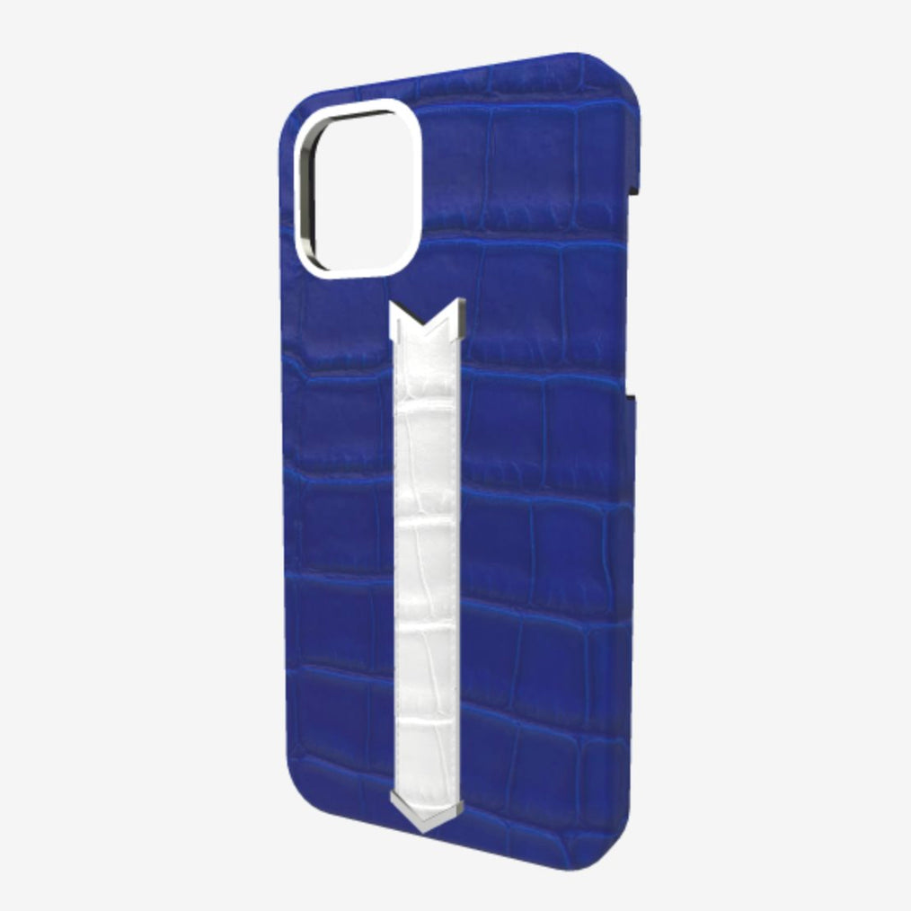 Silver Finger Strap Case for iPhone 13 in Genuine Alligator Electric Blue White Angel 