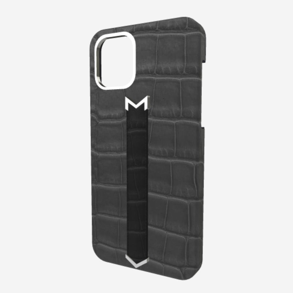 Silver Finger Strap Case for iPhone 13 in Genuine Alligator Elite Grey Bond Black 