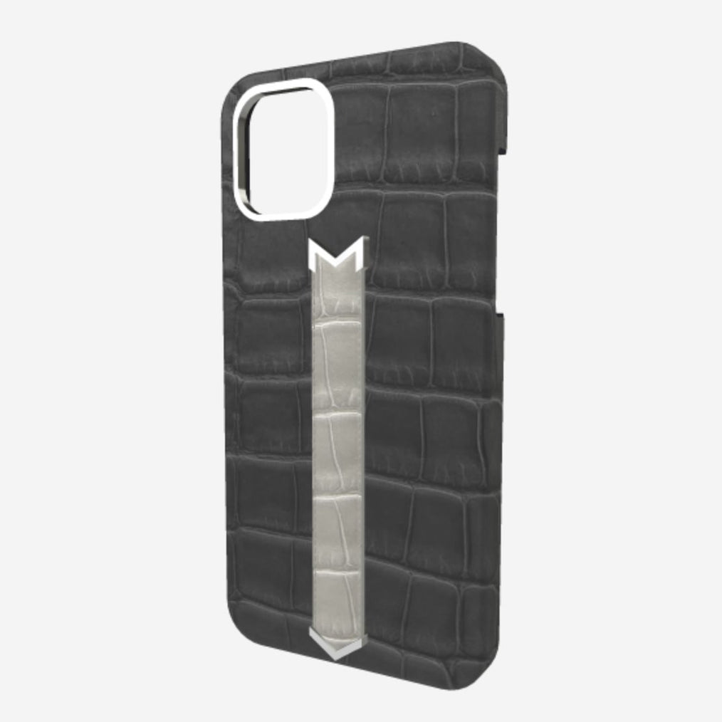 Silver Finger Strap Case for iPhone 13 in Genuine Alligator Elite Grey Pearl Grey 