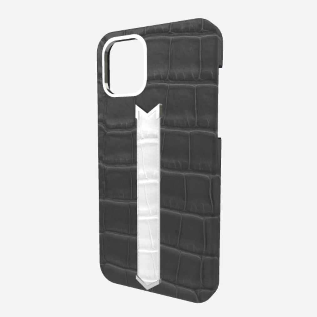 Silver Finger Strap Case for iPhone 13 in Genuine Alligator Elite Grey White Angel 