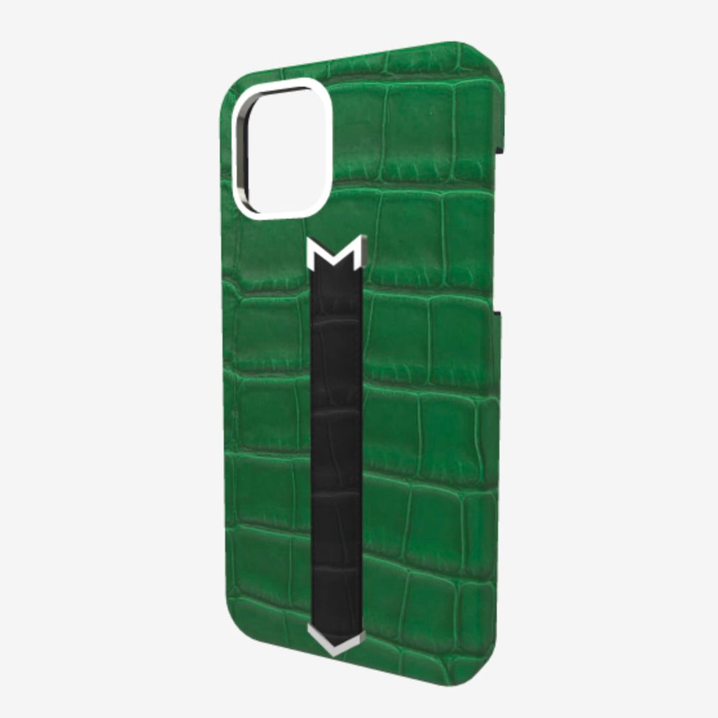 Silver Finger Strap Case for iPhone 13 in Genuine Alligator Emerald Green Bond Black 