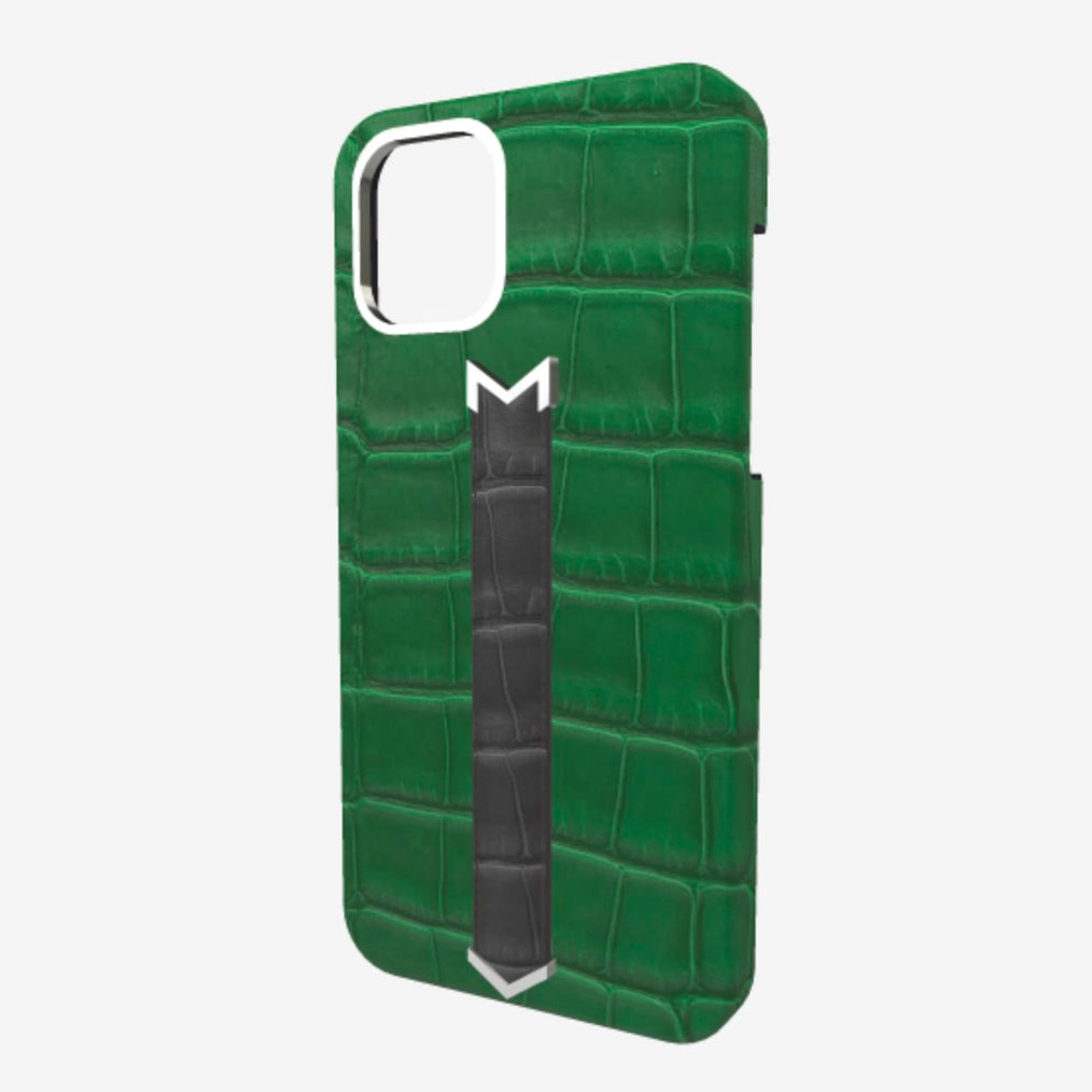 Silver Finger Strap Case for iPhone 13 in Genuine Alligator Emerald Green Elite Grey 