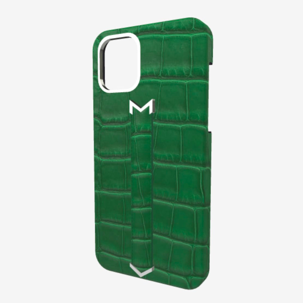 Silver Finger Strap Case for iPhone 13 in Genuine Alligator Emerald Green Emerald Green 