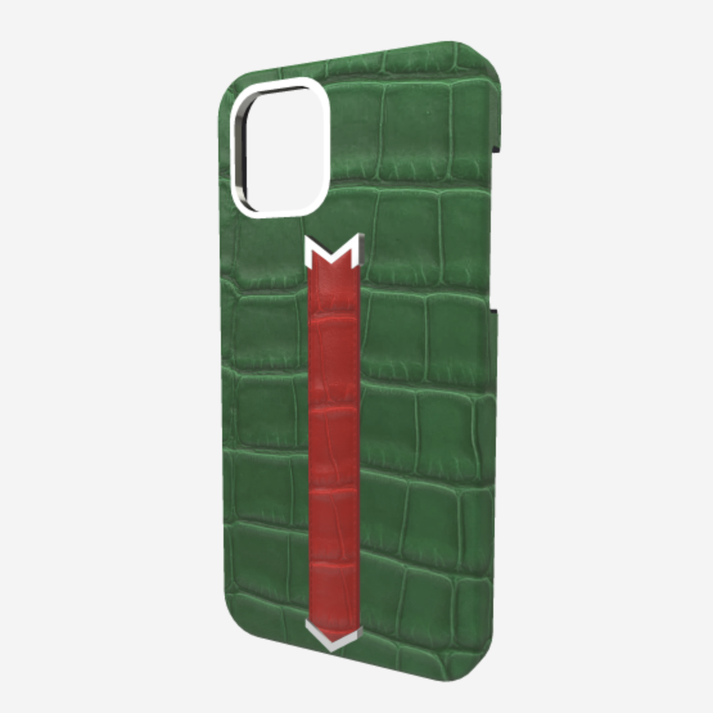 Silver Finger Strap Case for iPhone 13 in Genuine Alligator Emerald Green Glamour Red 