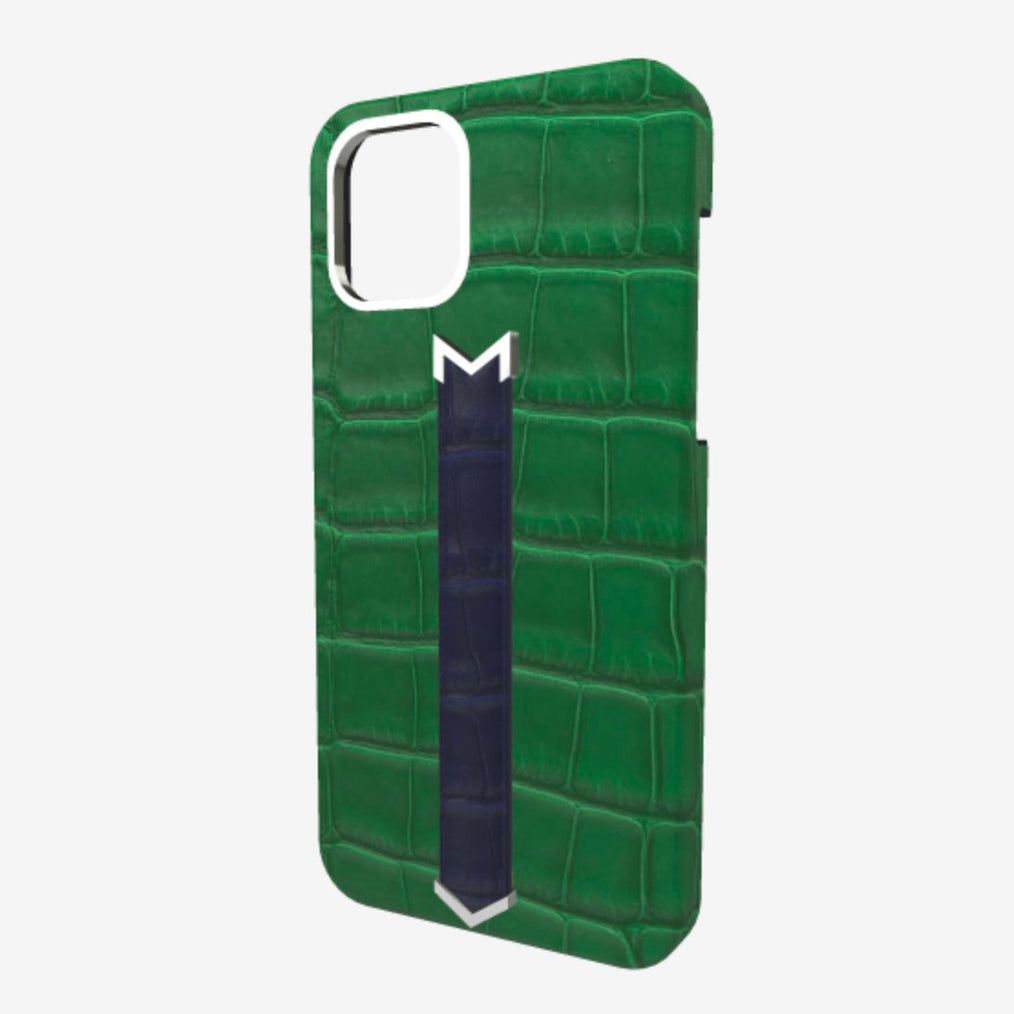 Silver Finger Strap Case for iPhone 13 in Genuine Alligator Emerald Green Navy Blue 