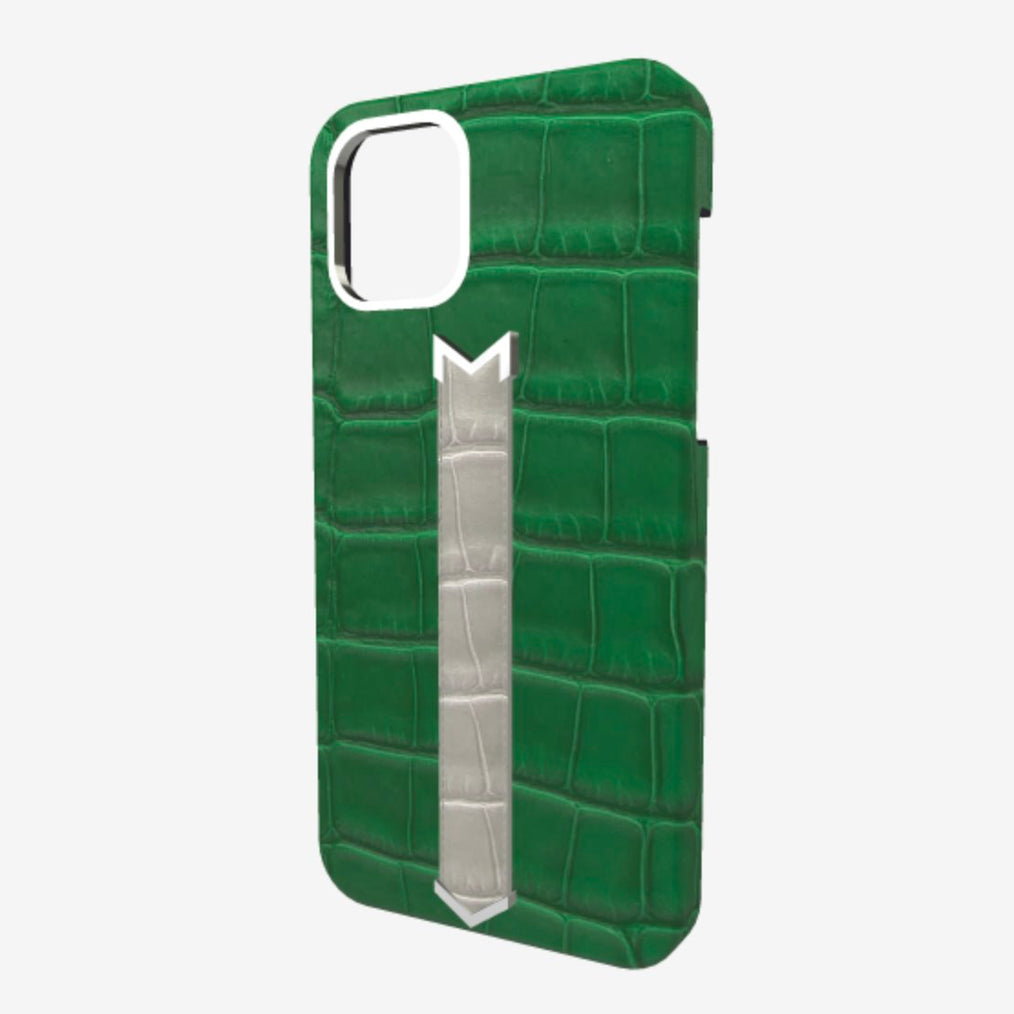 Silver Finger Strap Case for iPhone 13 in Genuine Alligator Emerald Green Pearl Grey 