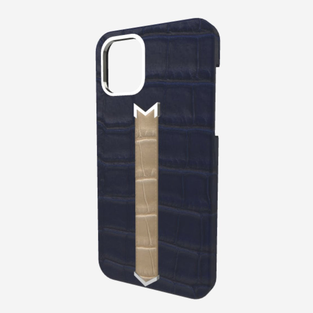 Silver Finger Strap Case for iPhone 13 in Genuine Alligator Navy Blue Beige Desert 