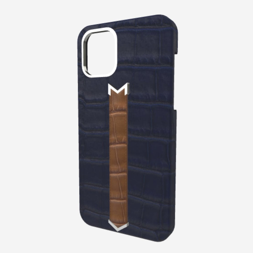 Silver Finger Strap Case for iPhone 13 in Genuine Alligator Navy Blue Belmondo Brown 