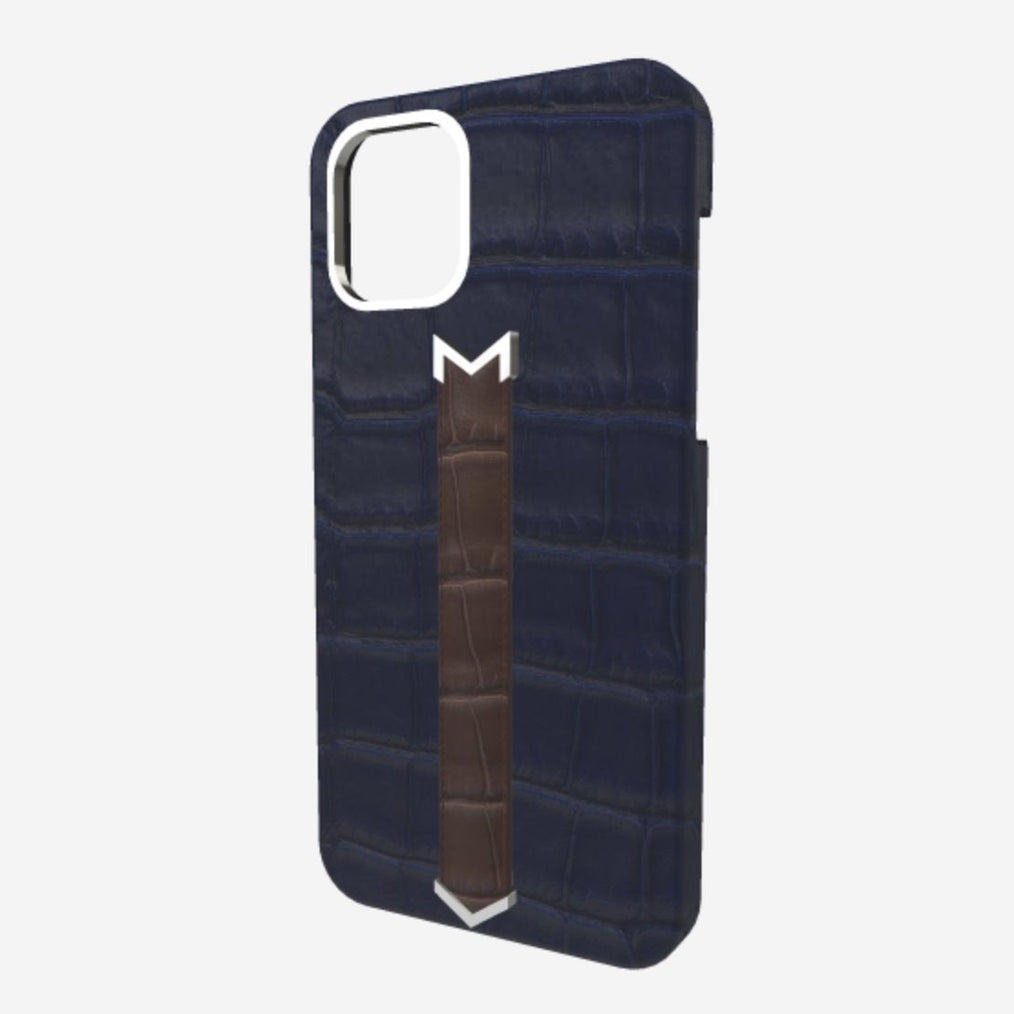 Silver Finger Strap Case for iPhone 13 in Genuine Alligator Navy Blue Borsalino Brown 