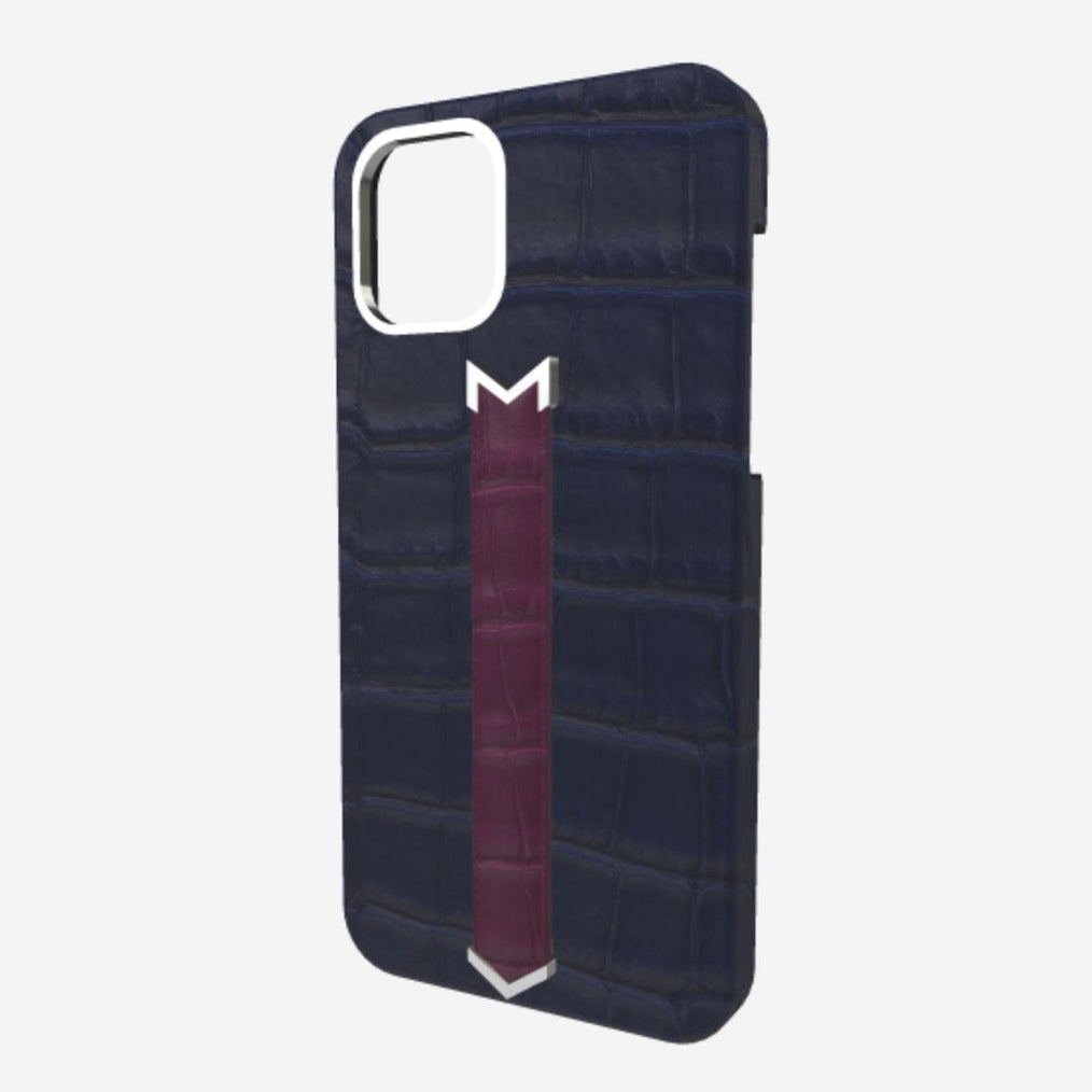 Silver Finger Strap Case for iPhone 13 in Genuine Alligator Navy Blue Boysenberry Island 