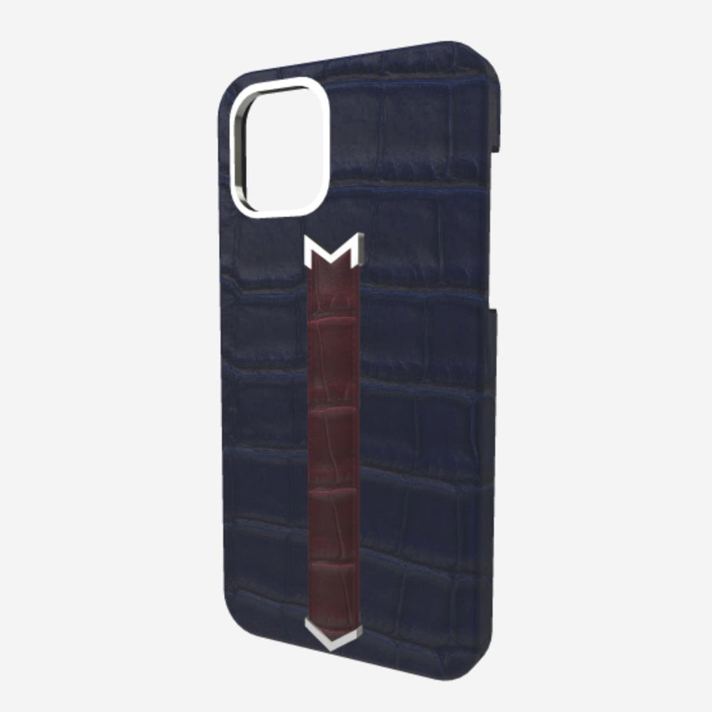 Silver Finger Strap Case for iPhone 13 in Genuine Alligator Navy Blue Burgundy Palace 