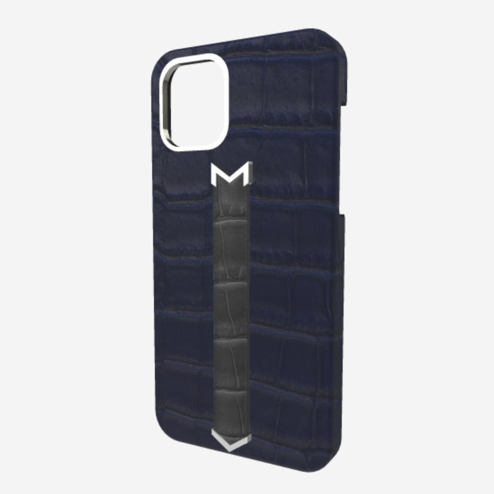 Silver Finger Strap Case for iPhone 13 in Genuine Alligator Navy Blue Elite Grey 