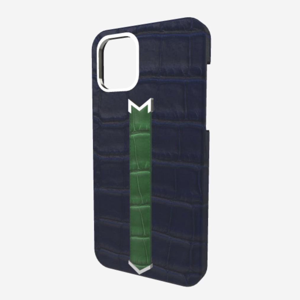 Silver Finger Strap Case for iPhone 13 in Genuine Alligator Navy Blue Emerald Green 