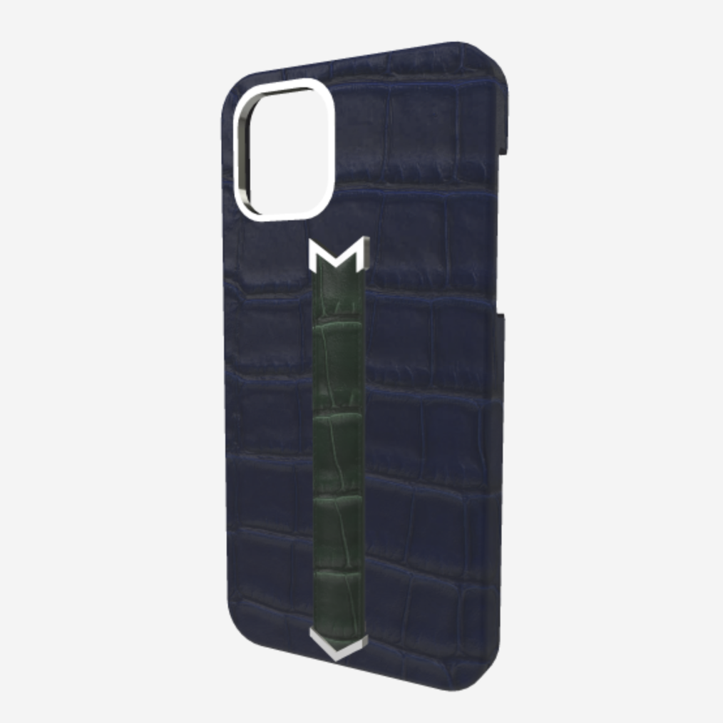 Silver Finger Strap Case for iPhone 13 in Genuine Alligator Navy Blue Jungle Green 