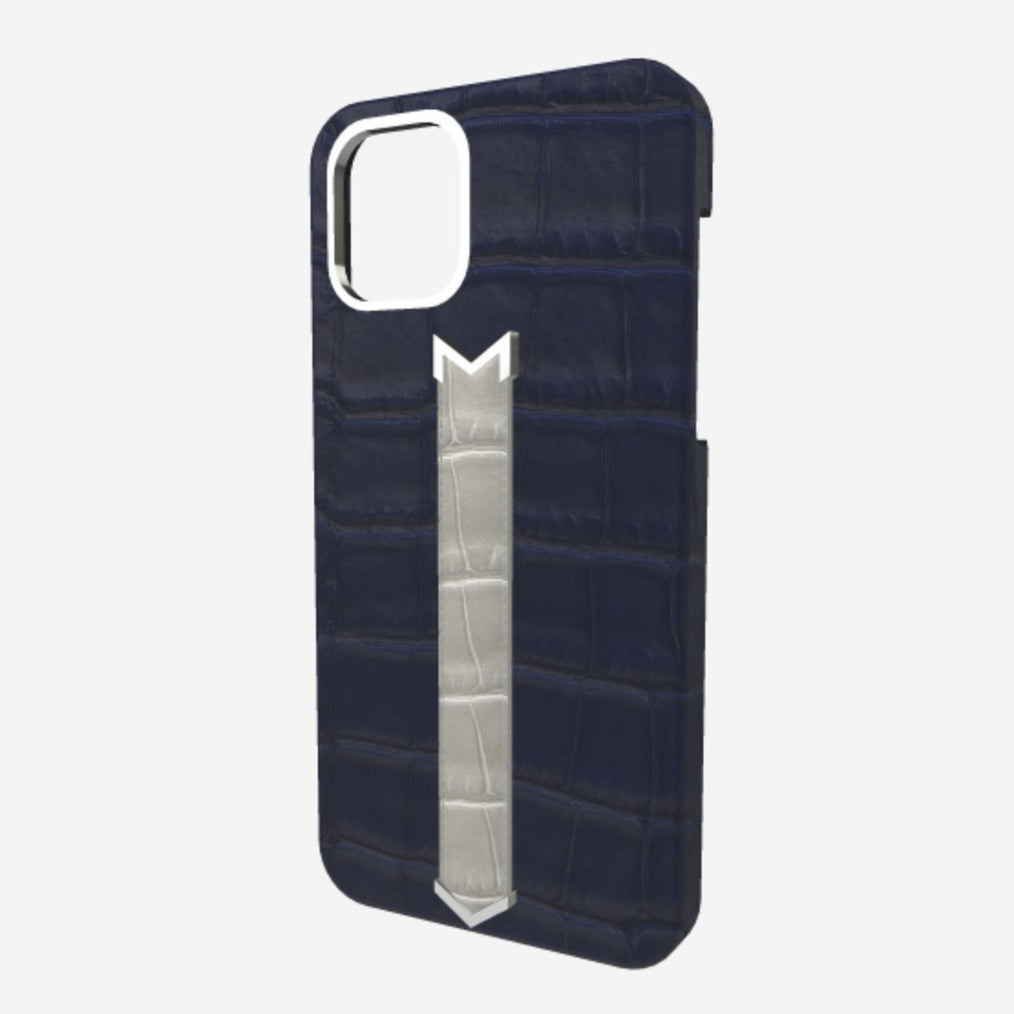 Silver Finger Strap Case for iPhone 13 in Genuine Alligator Navy Blue Pearl Grey 
