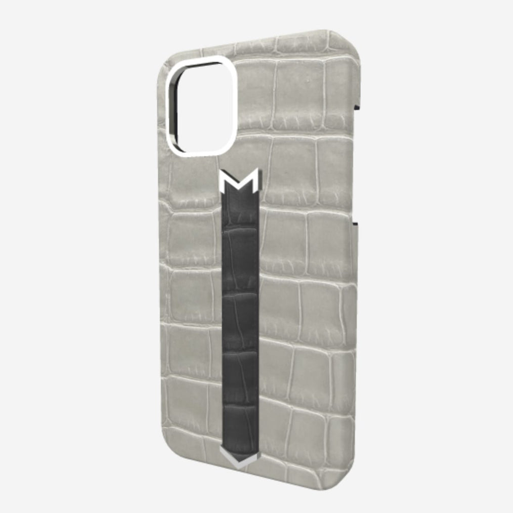 Silver Finger Strap Case for iPhone 13 in Genuine Alligator Pearl Grey Elite Grey 