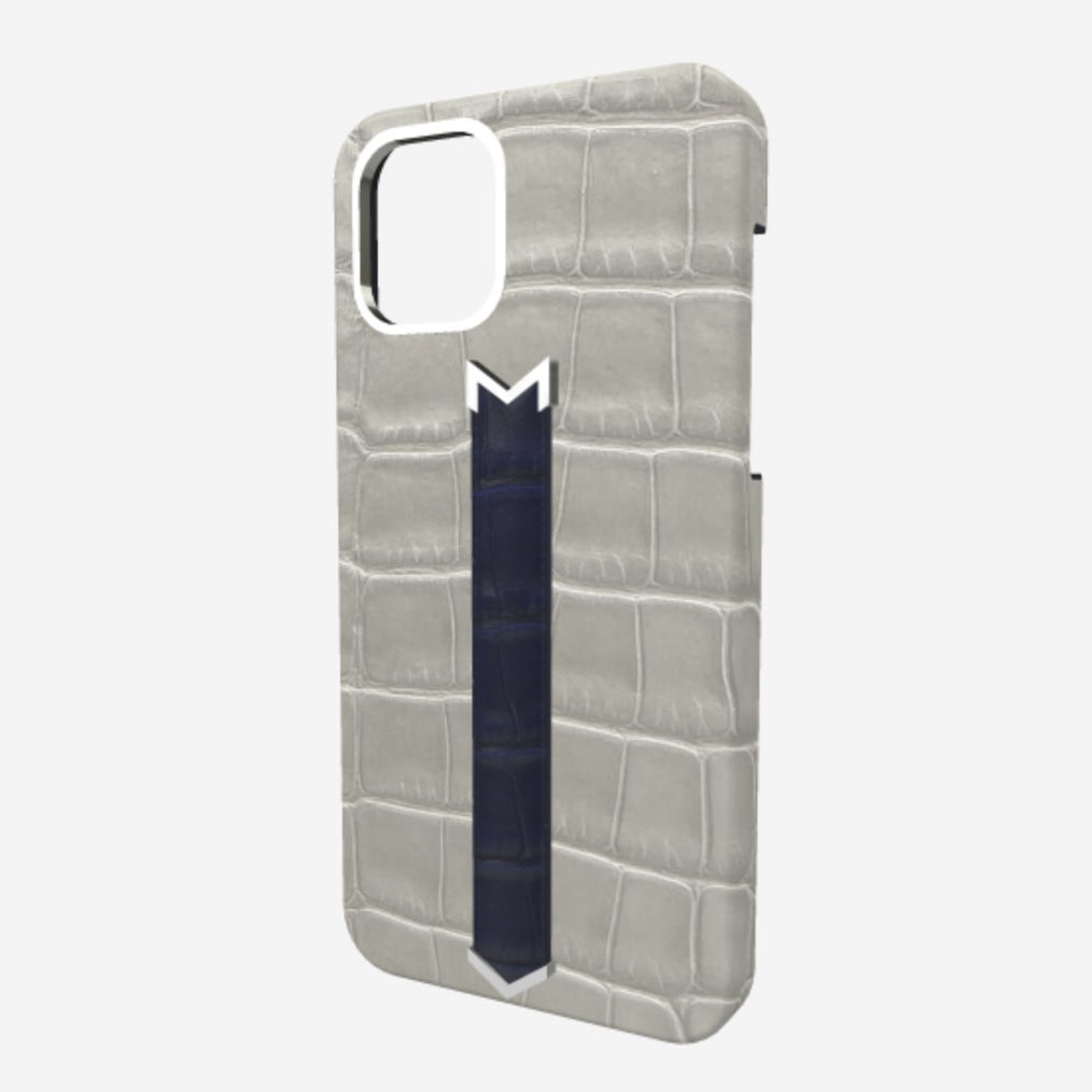 Silver Finger Strap Case for iPhone 13 in Genuine Alligator Pearl Grey Navy Blue 