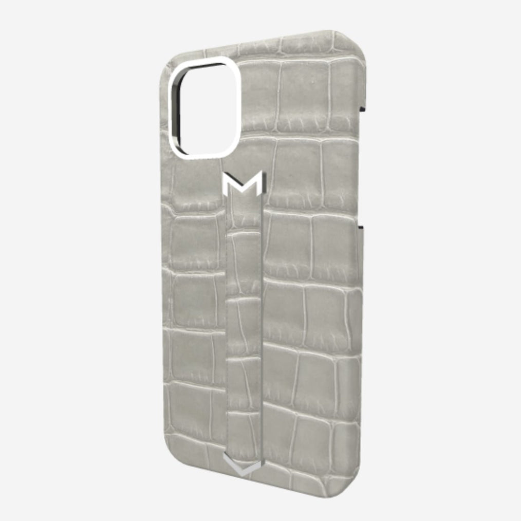 Silver Finger Strap Case for iPhone 13 in Genuine Alligator Pearl Grey Pearl Grey 