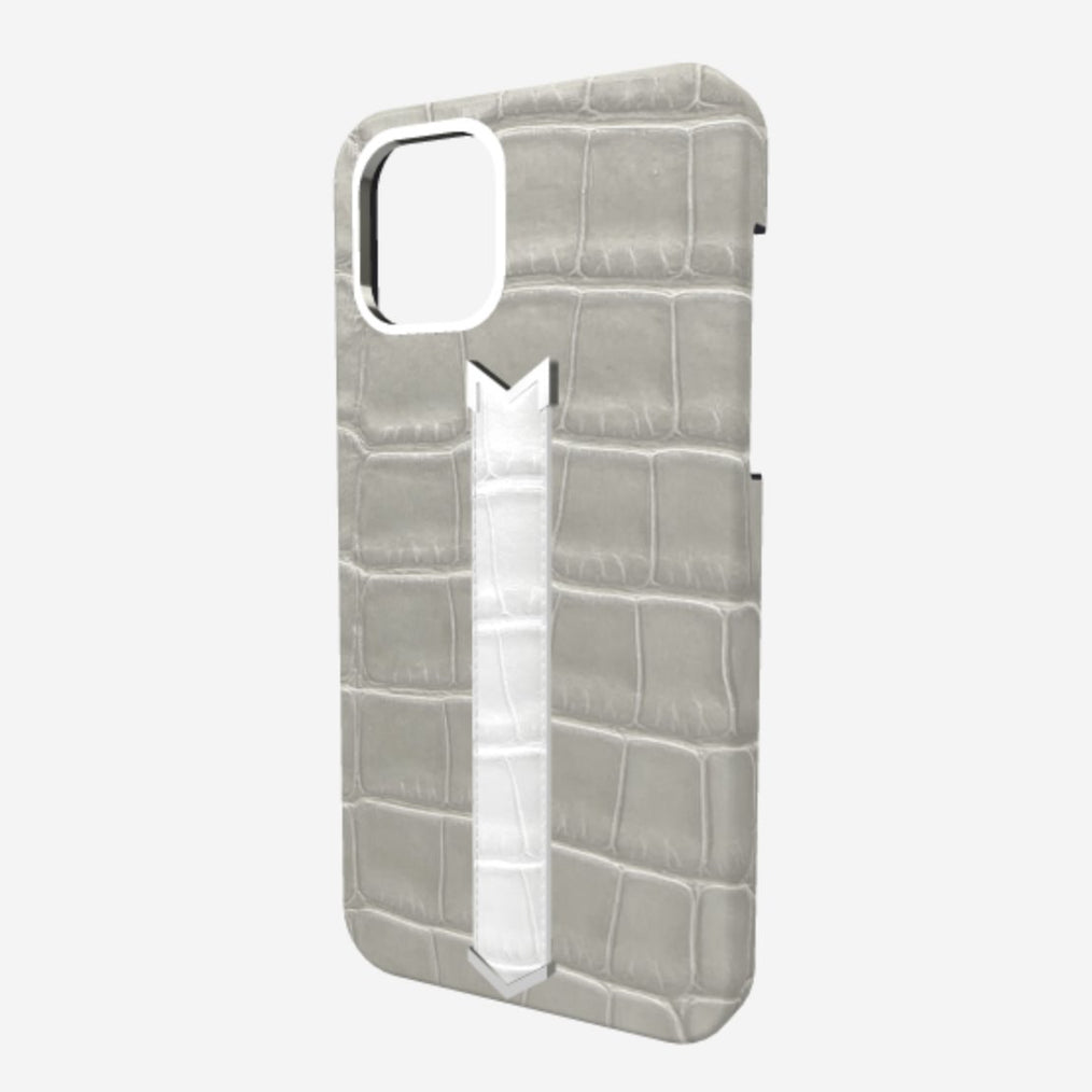 Silver Finger Strap Case for iPhone 13 in Genuine Alligator Pearl Grey White Angel 