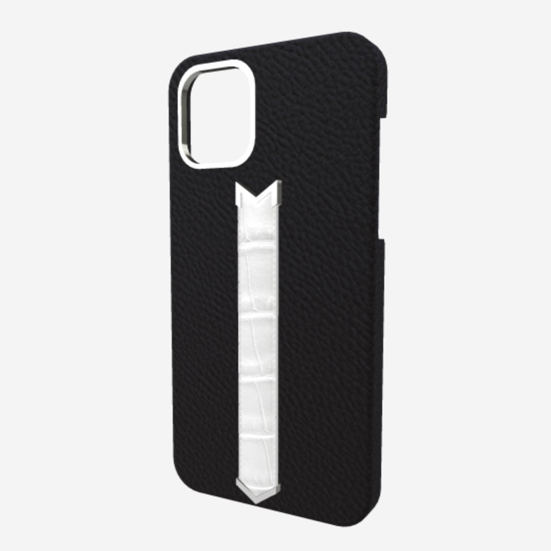 Silver Finger Strap Case for iPhone 13 in Genuine Calfskin and Alligator 