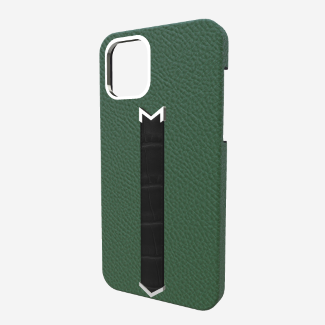 Silver Finger Strap Case for iPhone 13 in Genuine Calfskin and Alligator 