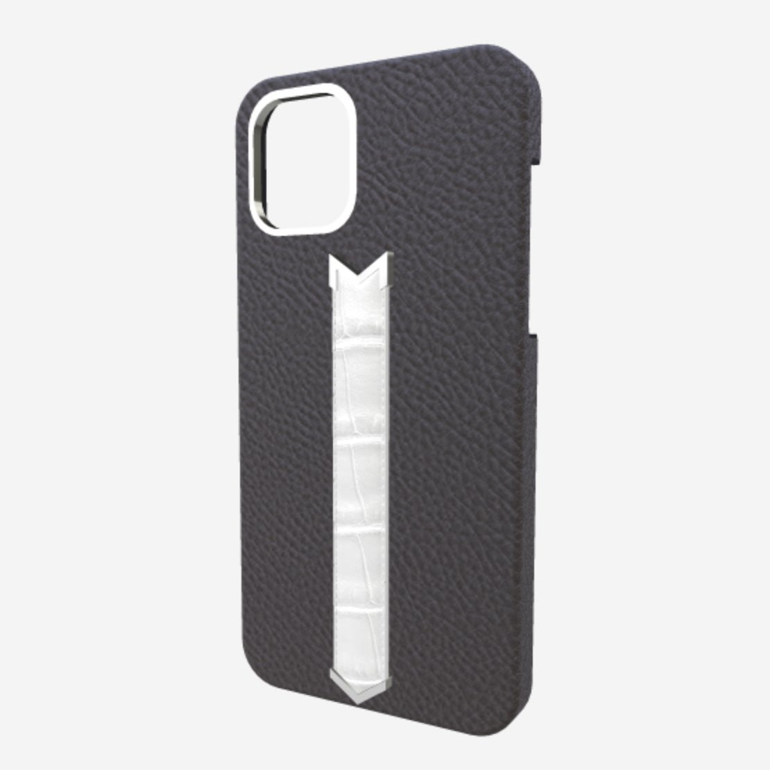 Silver Finger Strap Case for iPhone 13 in Genuine Calfskin and Alligator 