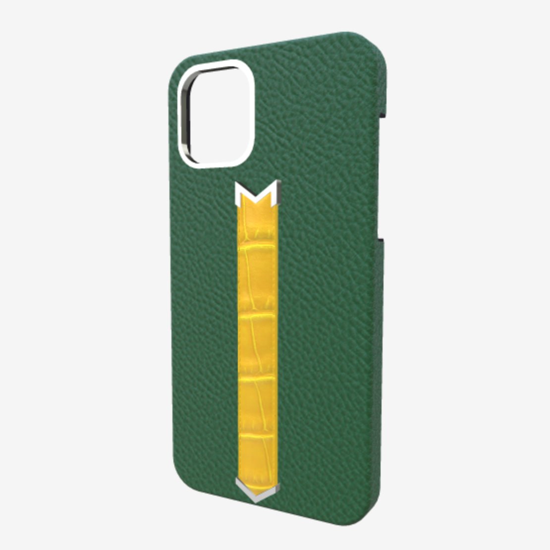 Silver Finger Strap Case for iPhone 13 in Genuine Calfskin and Alligator 