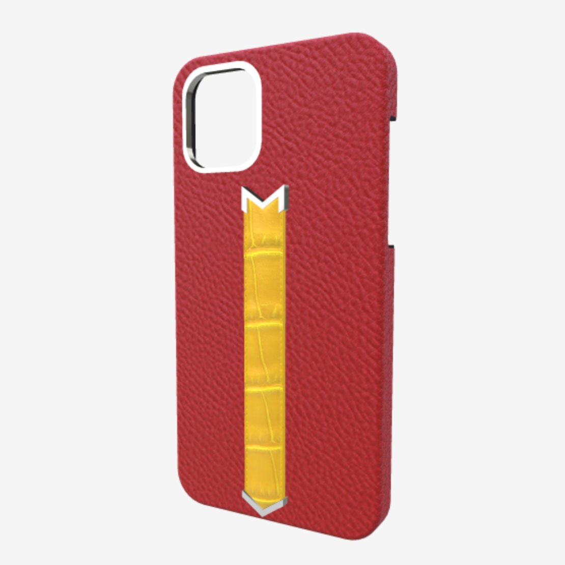 Silver Finger Strap Case for iPhone 13 in Genuine Calfskin and Alligator 