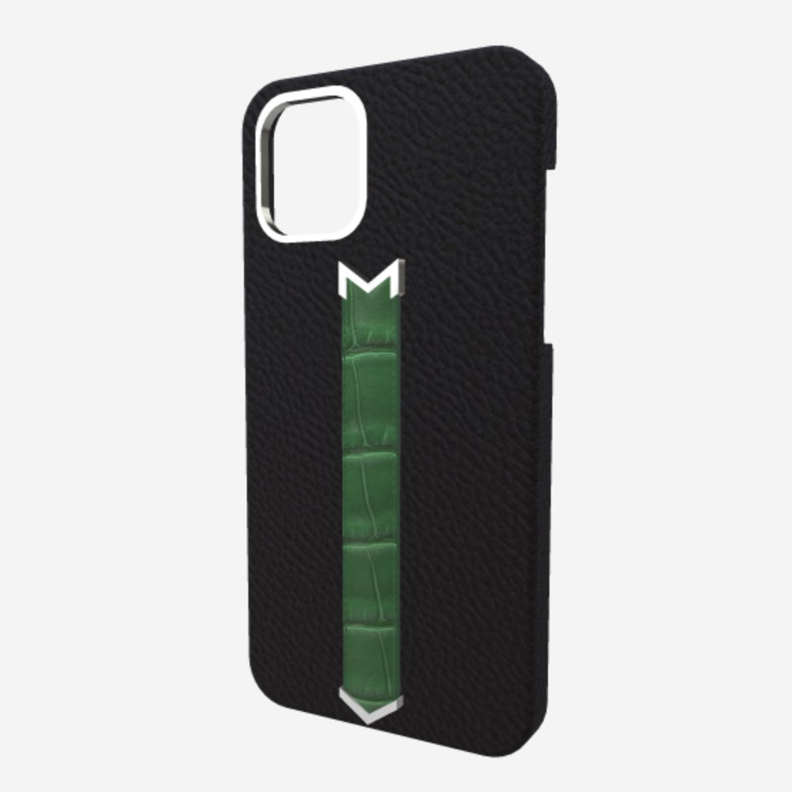 Silver Finger Strap Case for iPhone 13 in Genuine Calfskin and Alligator 