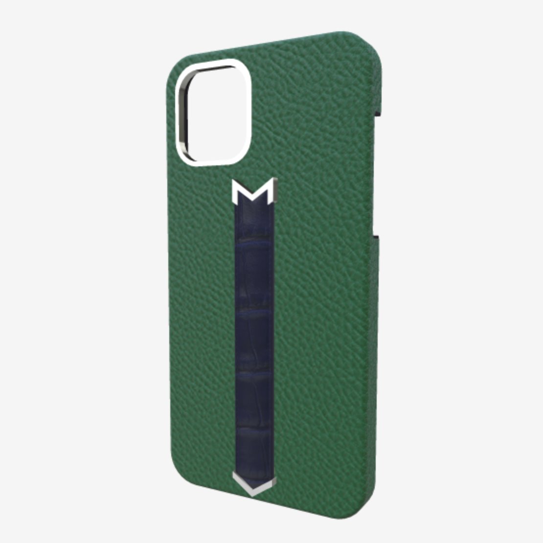 Silver Finger Strap Case for iPhone 13 in Genuine Calfskin and Alligator 